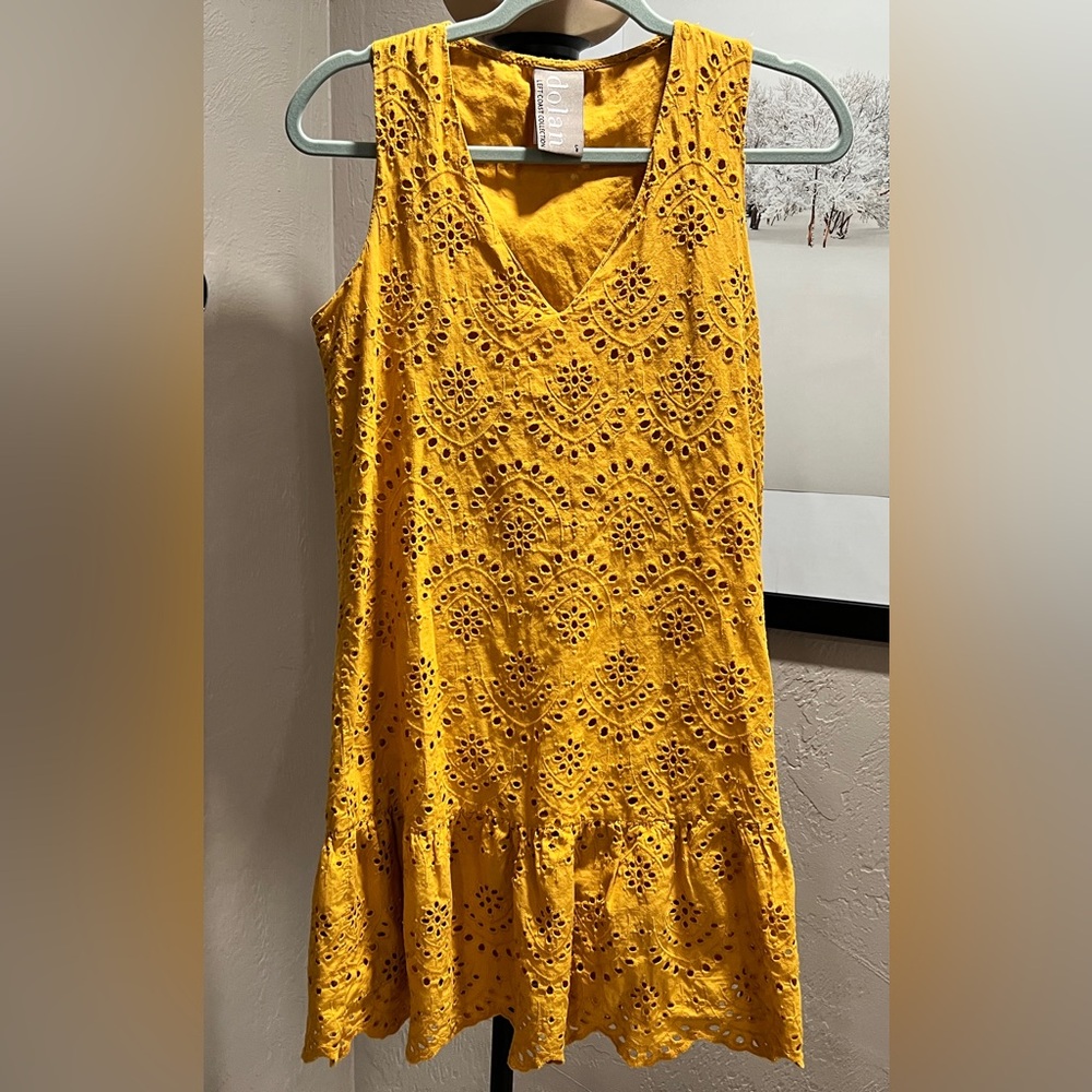 Dolan Yellow Eyelet Sleeveless Cotton Dress V-Neck Tiered Hem